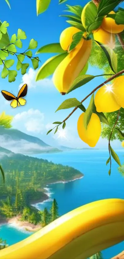Tropical paradise wallpaper featuring mangoes and a butterfly over a serene beach.