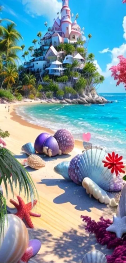 Tropical beach with seashell decor and castle under blue sky.