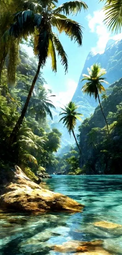 Tropical paradise with palm trees and turquoise waters.