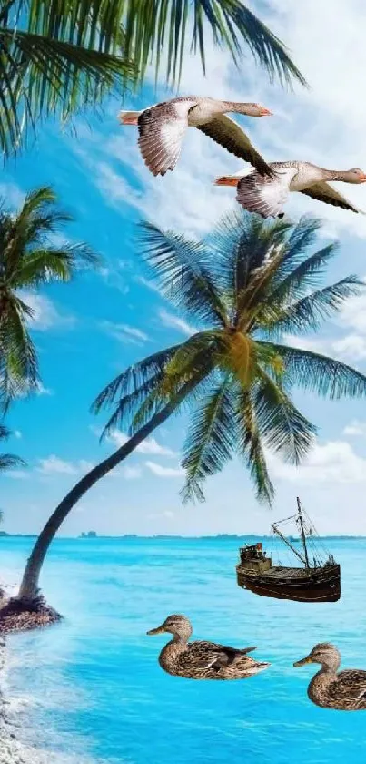 Tropical beach with palm trees, birds, boat, and ducks.