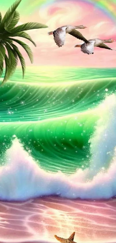 Tropical seascape with palm trees and rainbow over ocean waves.