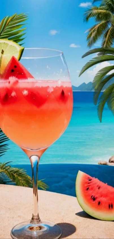 Tropical drink with watermelon by the ocean and palm trees.