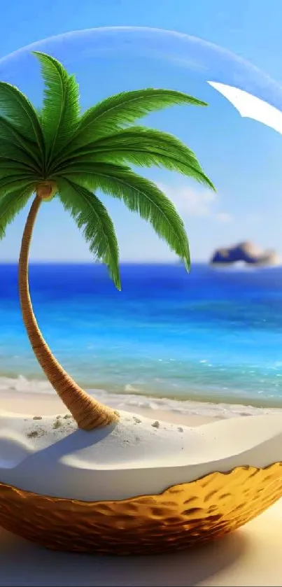 Tropical palm tree inside a glass globe on a beach