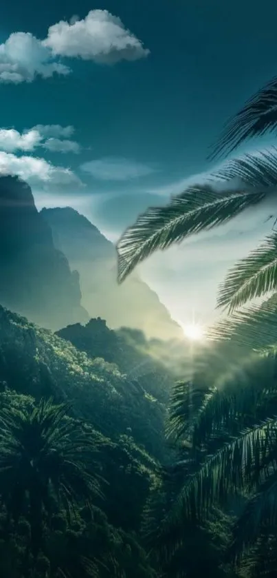 Mystical tropical landscape with palm trees and mountains under a teal sky.