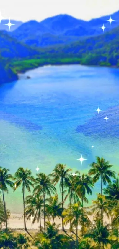 Tropical paradise wallpaper with blue ocean and palm trees