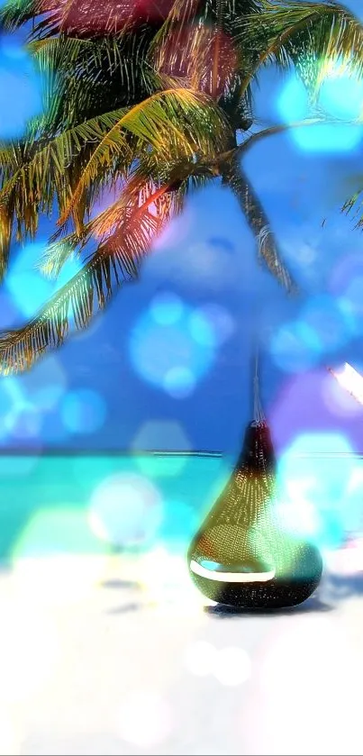 Tropical beach wallpaper with palm trees and blue sky.