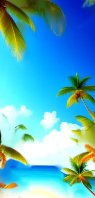 Tropical landscape with palm trees and blue sky.