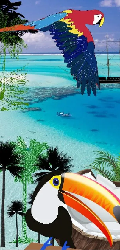 Tropical beach with vibrant parrot and toucan illustration.