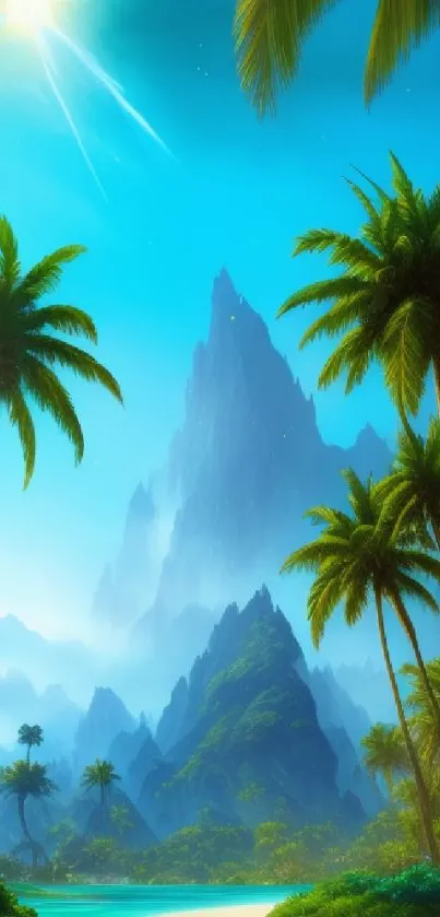 Tropical paradise wallpaper with palm trees and turquoise waters under a bright sky.
