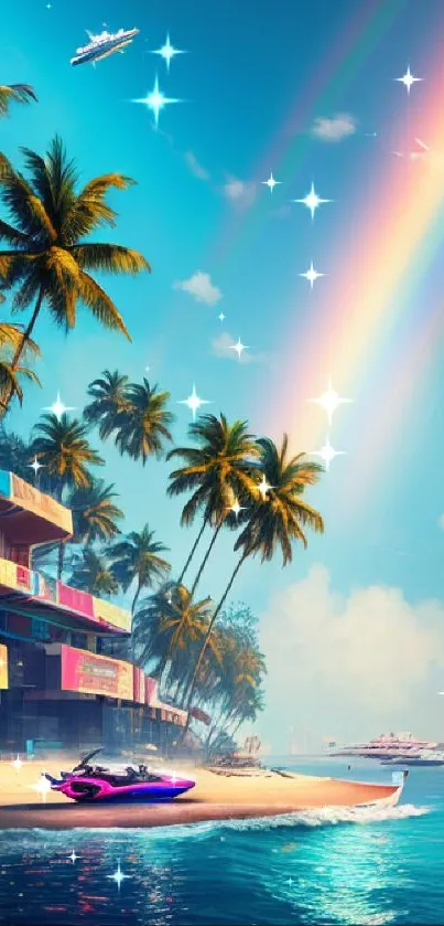 Tropical beach wallpaper with rainbow, ocean, and palm trees.