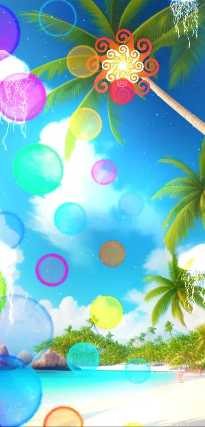 Vibrant beach theme with palm trees and colorful bubbles on a sunny day.