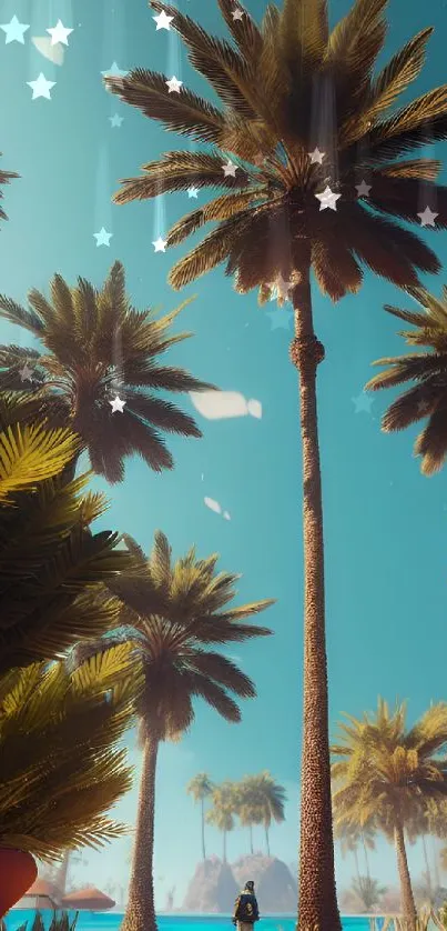 Tropical paradise mobile wallpaper featuring palm trees and a sunny beach scene.