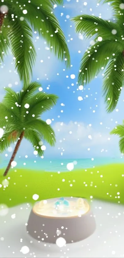 Tropical palm trees with a serene ocean view and white petals.