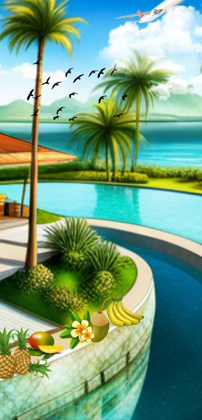 Tropical paradise wallpaper with palm trees and pool.