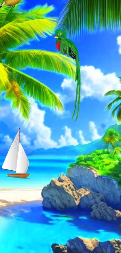 Tropical paradise with palm trees and vibrant beach scene.