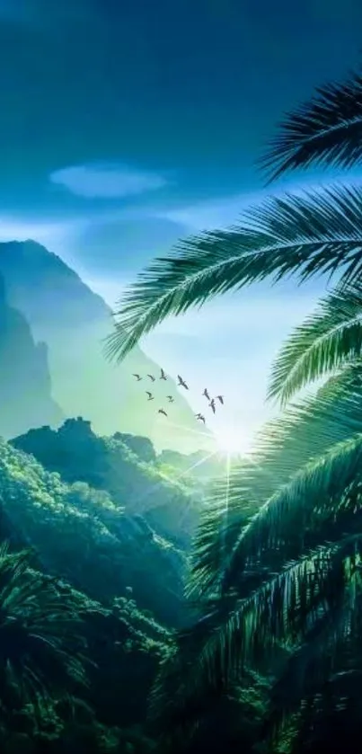 Tropical landscape with lush palm trees and vibrant colors in the morning light.