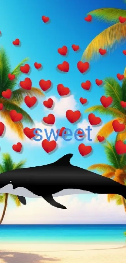 Tropical beach wallpaper with dolphin and hearts.