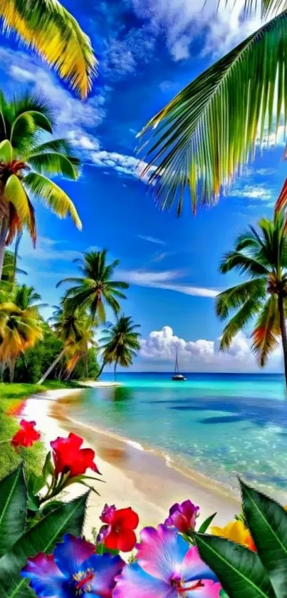 Vibrant tropical beach with palm trees and colorful flowers.