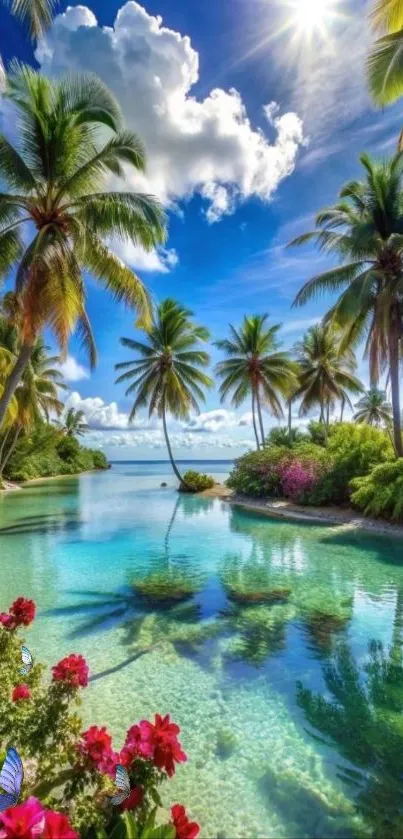 Tropical beach with palm trees and clear blue water under a bright sky.