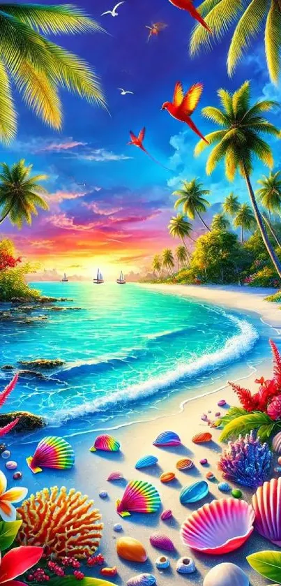 Colorful tropical beach with palm trees and shells at sunset.