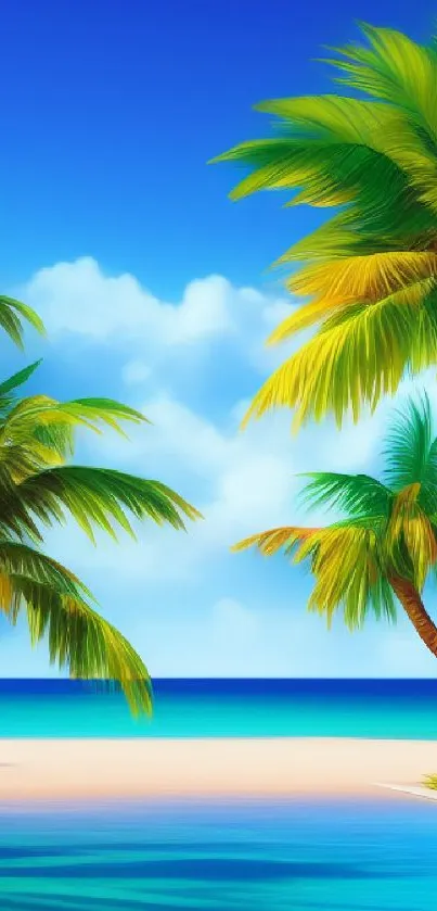 Tropical wallpaper with blue ocean, palm trees, and serene beach scene.