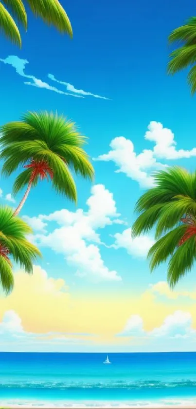 Tropical paradise with palm trees and a clear blue sky.