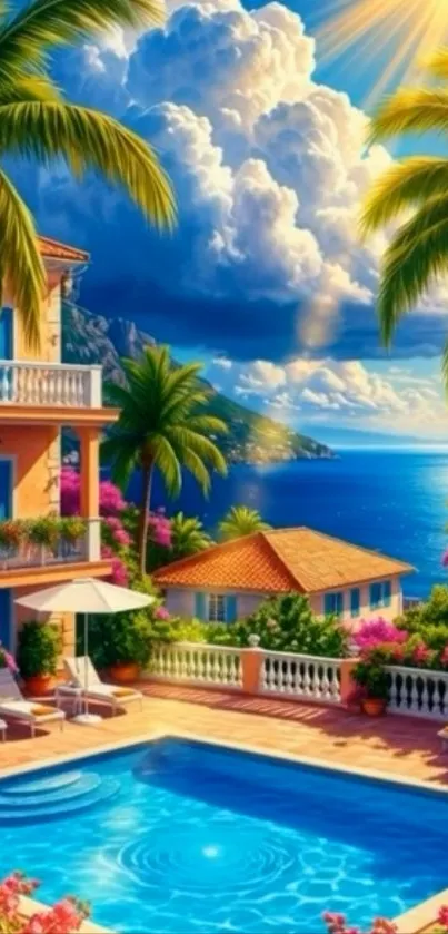 Tropical paradise with pool and palm trees under a sunny sky.