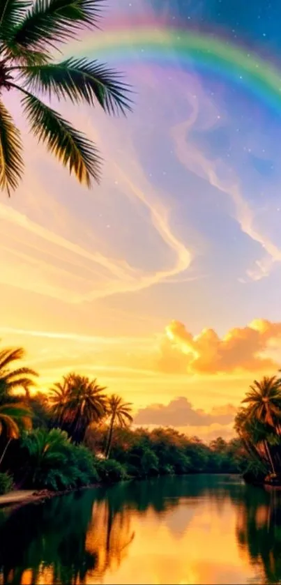 Tropical wallpaper with rainbow over palm trees and sunset sky reflection.