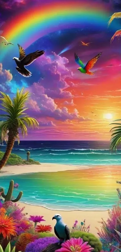 Vibrant tropical paradise with rainbow and sunset on a stunning beach wallpaper.