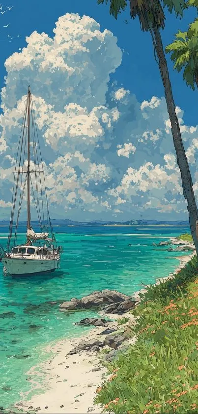 Sailing boat near a tropical island with palm trees and blue sky.