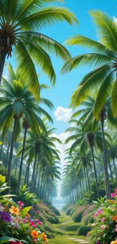 Tropical landscape with palm trees and flowers.