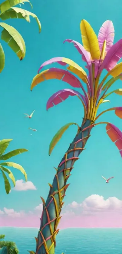 Colorful palm trees by the ocean with a turquoise sky.