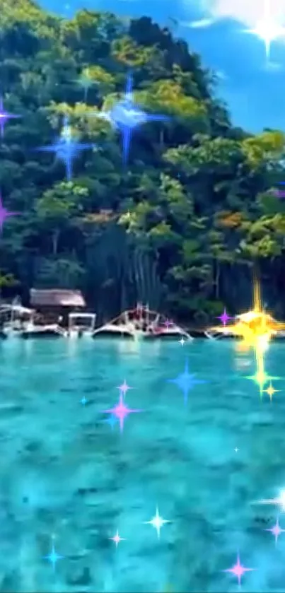 Tropical island with turquoise waters and sparkle effects.