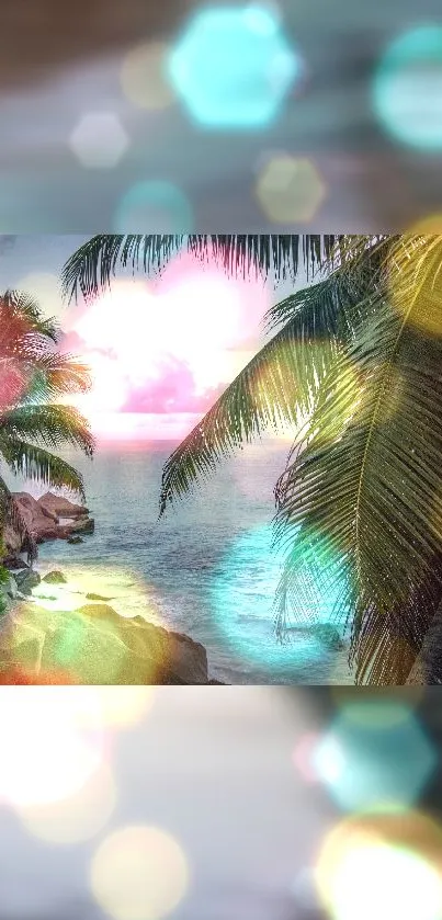 Tropical beach sunset with palm trees and vibrant colors.