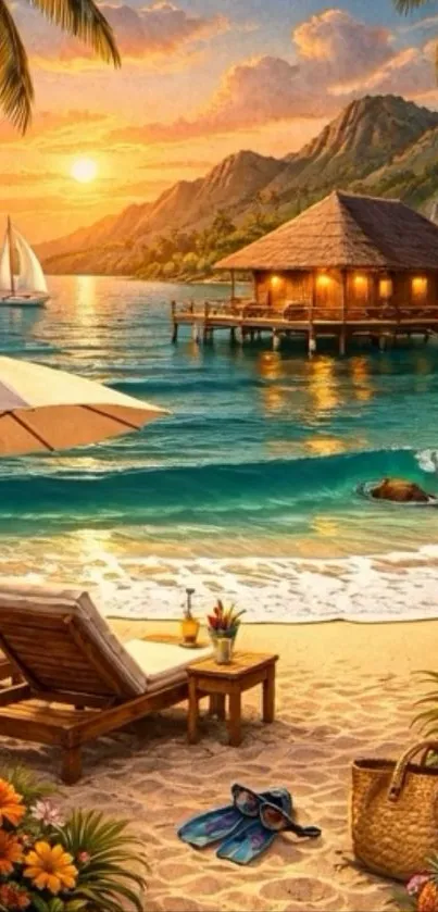 Tropical beach scene at sunset with bungalow and ocean view.