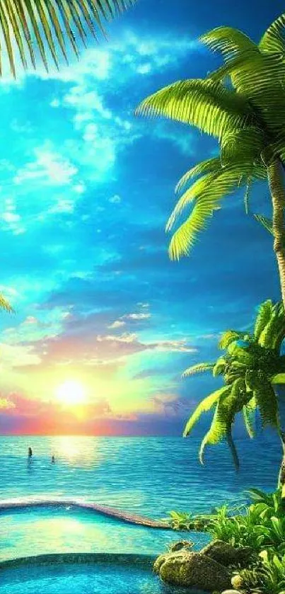 Tropical paradise wallpaper with sunset and palm trees by the ocean.