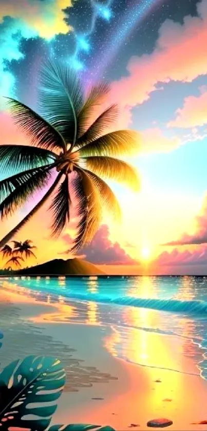 Tropical beach at sunset with palm trees and vibrant skies.