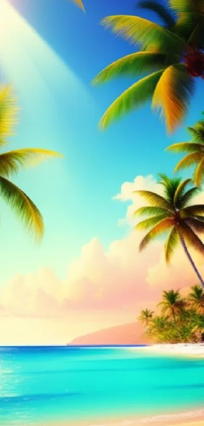 Vibrant tropical beach wallpaper with sunset and palm trees.