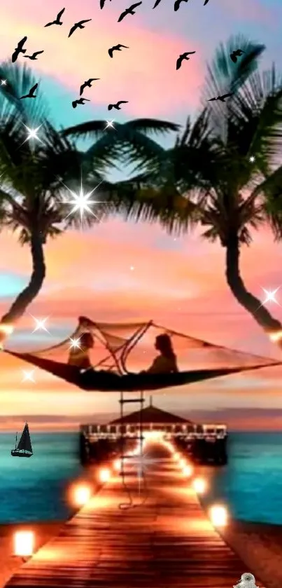 Vibrant tropical sunset with palm trees and hammock.