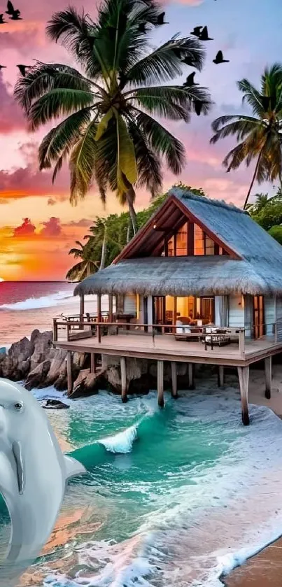 Tropical beach bungalow at sunset with dolphin jumping in ocean.
