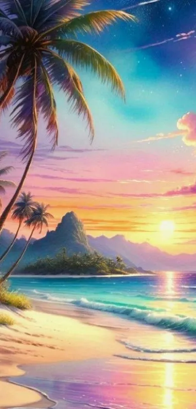 Tropical beach with palm trees and sunset sky in vivid colors.