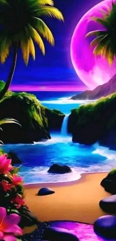 Tropical paradise with a purple moon and vibrant flowers by the ocean.