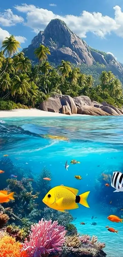 Tropical underwater view with coral and fish below an island.