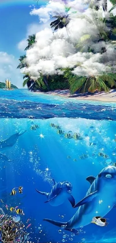 Colorful tropical wallpaper with dolphins and coral in azure waters.