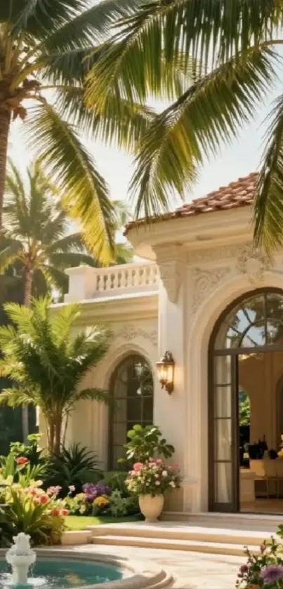 Tropical villa with palm trees and elegant garden.