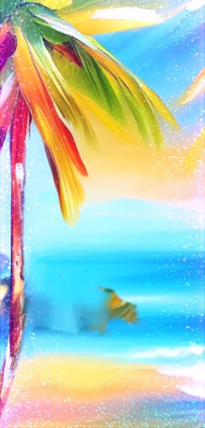 Vibrant tropical beach wallpaper with palm tree and ocean view.