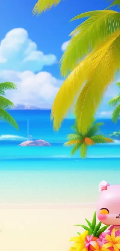 Kawaii cat on tropical beach with blue ocean and palm trees.