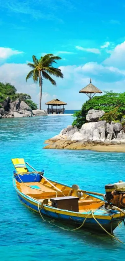 Tropical island scene with boat and palm trees under clear blue skies.