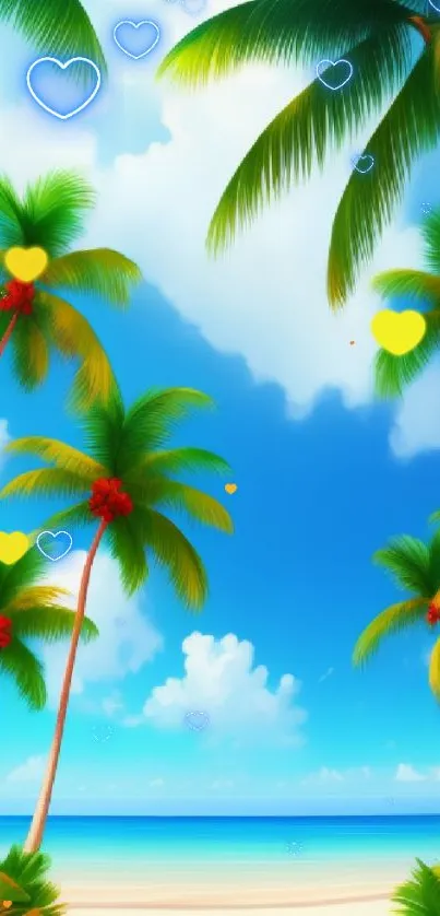 Tropical beach wallpaper with palm trees and blue sky.