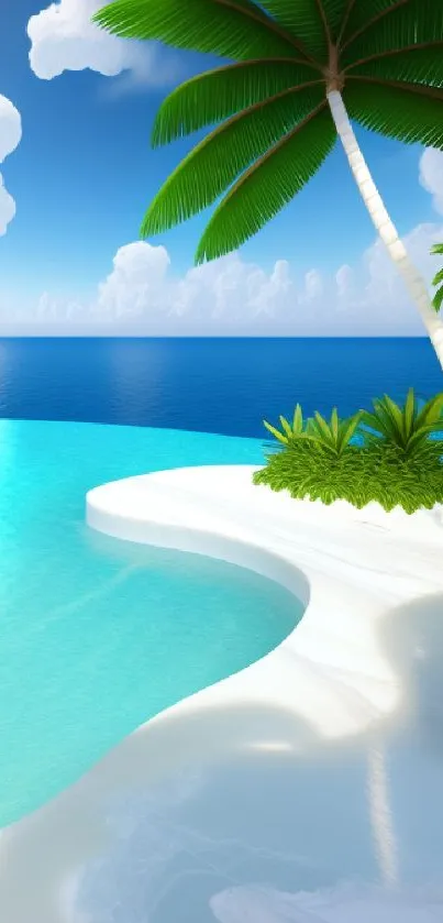 Beautiful tropical beach wallpaper with palms, azure ocean, and clear sky.